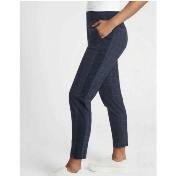 ATHLETA Brooklyn Textured Ankle Pants Navy Windowpane Plaid Sz 2 - Picture 2 of 16